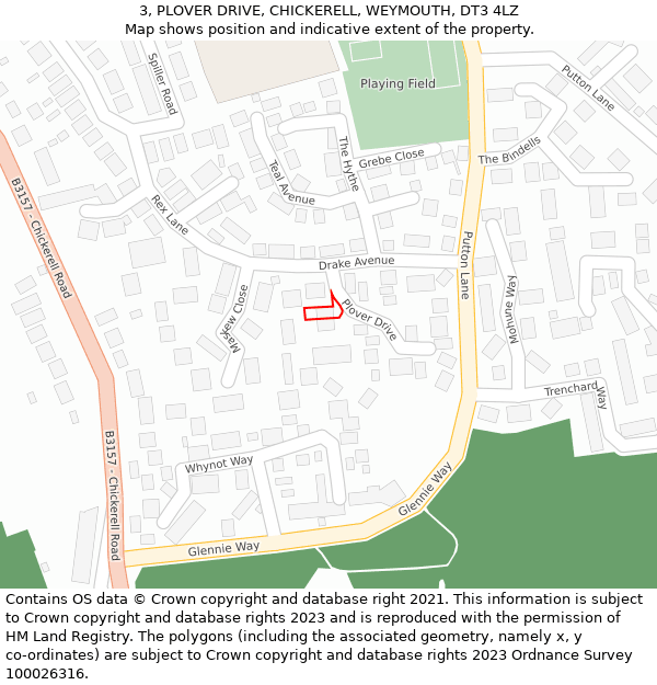 3, PLOVER DRIVE, CHICKERELL, WEYMOUTH, DT3 4LZ: Location map and indicative extent of plot