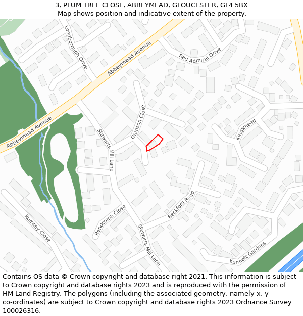 3, PLUM TREE CLOSE, ABBEYMEAD, GLOUCESTER, GL4 5BX: Location map and indicative extent of plot