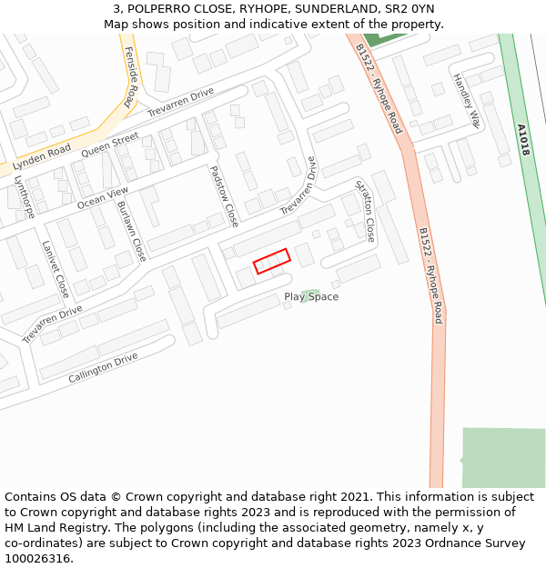 3, POLPERRO CLOSE, RYHOPE, SUNDERLAND, SR2 0YN: Location map and indicative extent of plot