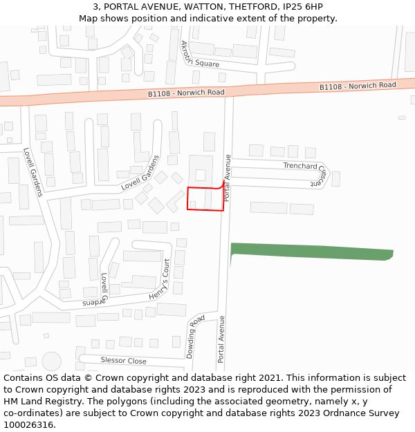 3, PORTAL AVENUE, WATTON, THETFORD, IP25 6HP: Location map and indicative extent of plot