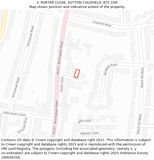 3, PORTER CLOSE, SUTTON COLDFIELD, B72 1DR: Location map and indicative extent of plot