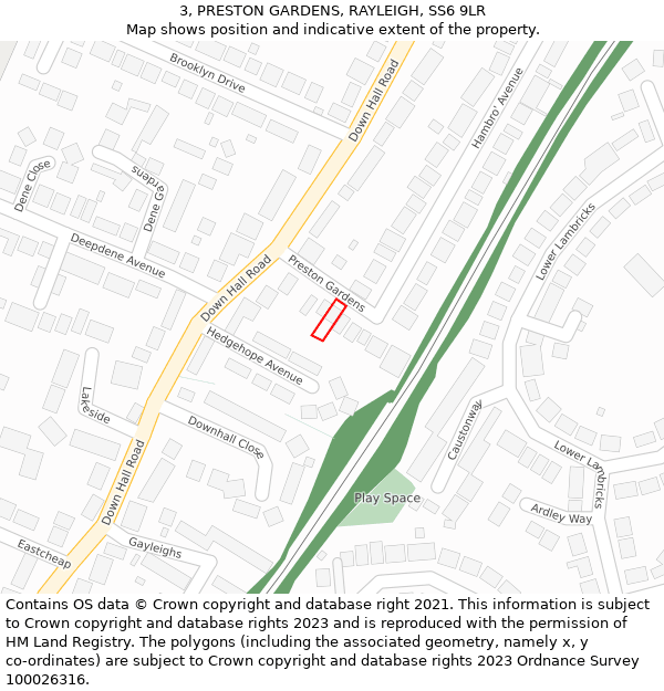 3, PRESTON GARDENS, RAYLEIGH, SS6 9LR: Location map and indicative extent of plot