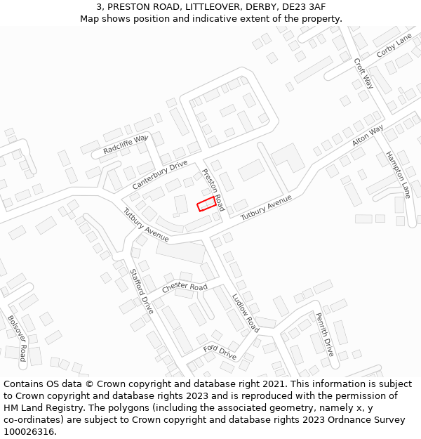 3, PRESTON ROAD, LITTLEOVER, DERBY, DE23 3AF: Location map and indicative extent of plot