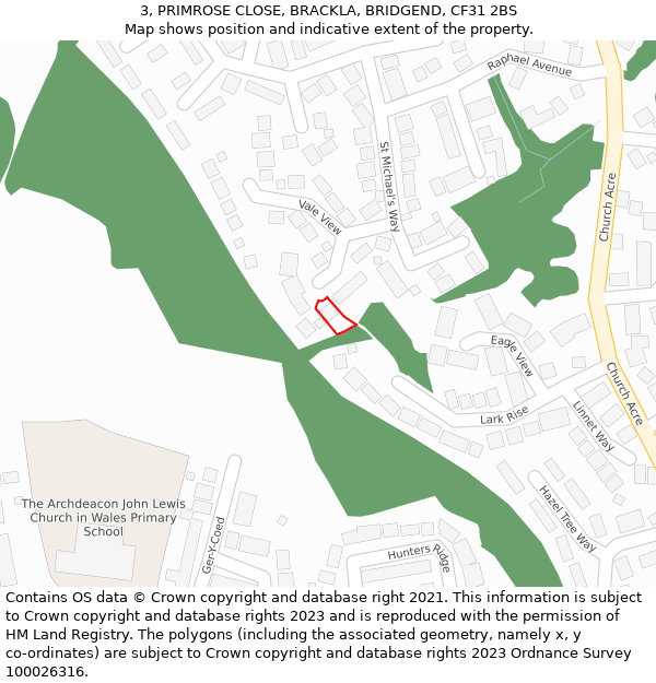 3, PRIMROSE CLOSE, BRACKLA, BRIDGEND, CF31 2BS: Location map and indicative extent of plot