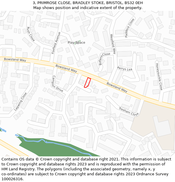 3, PRIMROSE CLOSE, BRADLEY STOKE, BRISTOL, BS32 0EH: Location map and indicative extent of plot