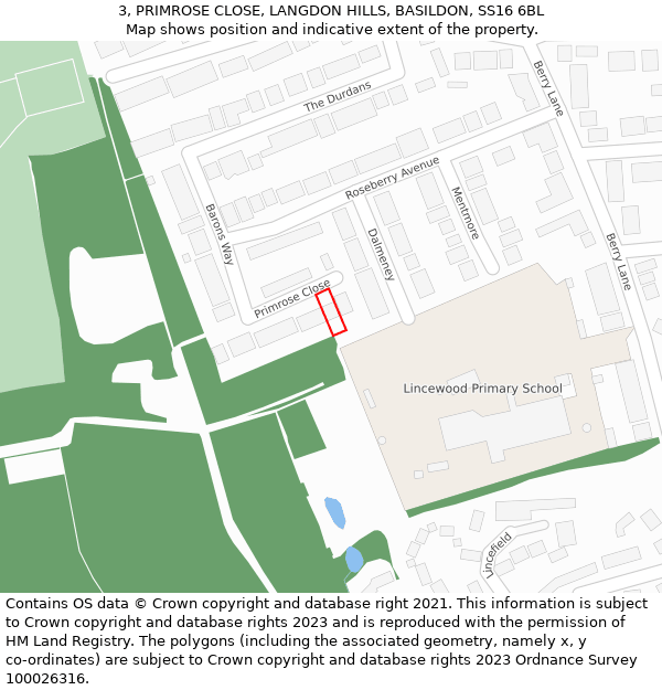 3, PRIMROSE CLOSE, LANGDON HILLS, BASILDON, SS16 6BL: Location map and indicative extent of plot