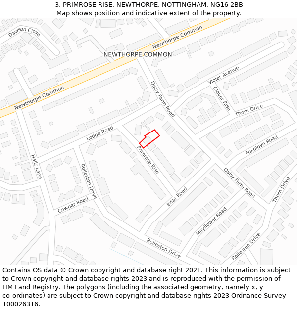 3, PRIMROSE RISE, NEWTHORPE, NOTTINGHAM, NG16 2BB: Location map and indicative extent of plot