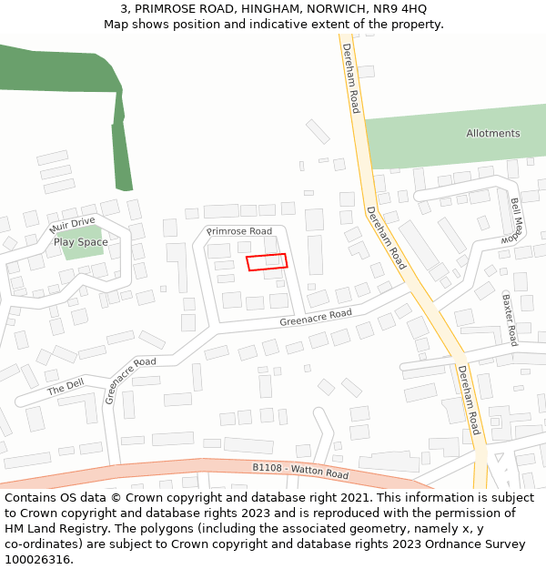 3, PRIMROSE ROAD, HINGHAM, NORWICH, NR9 4HQ: Location map and indicative extent of plot