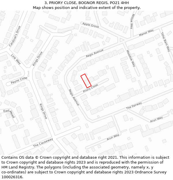 3, PRIORY CLOSE, BOGNOR REGIS, PO21 4HH: Location map and indicative extent of plot