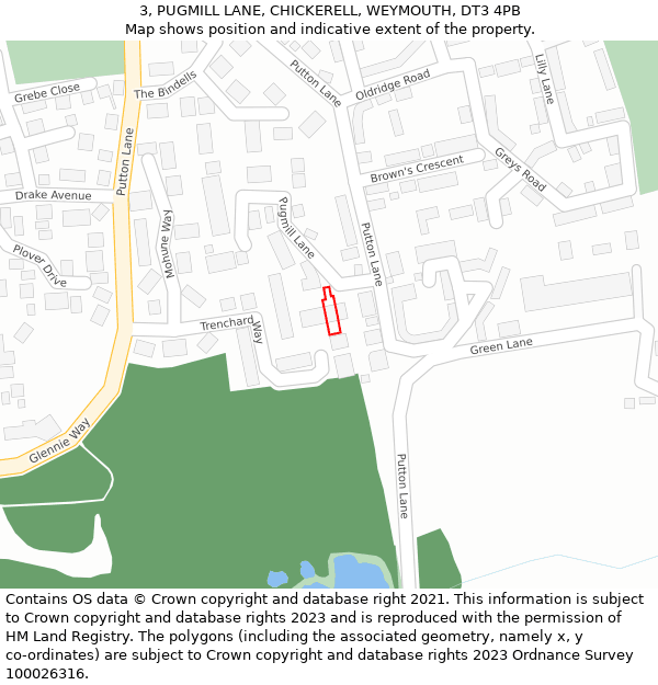 3, PUGMILL LANE, CHICKERELL, WEYMOUTH, DT3 4PB: Location map and indicative extent of plot