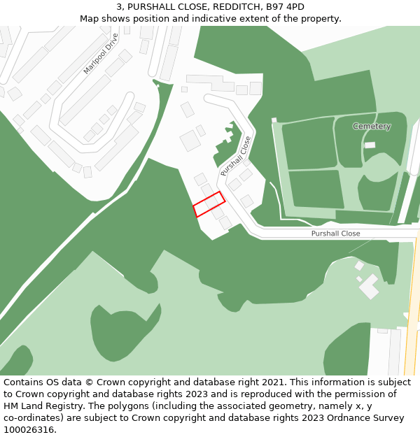 3, PURSHALL CLOSE, REDDITCH, B97 4PD: Location map and indicative extent of plot