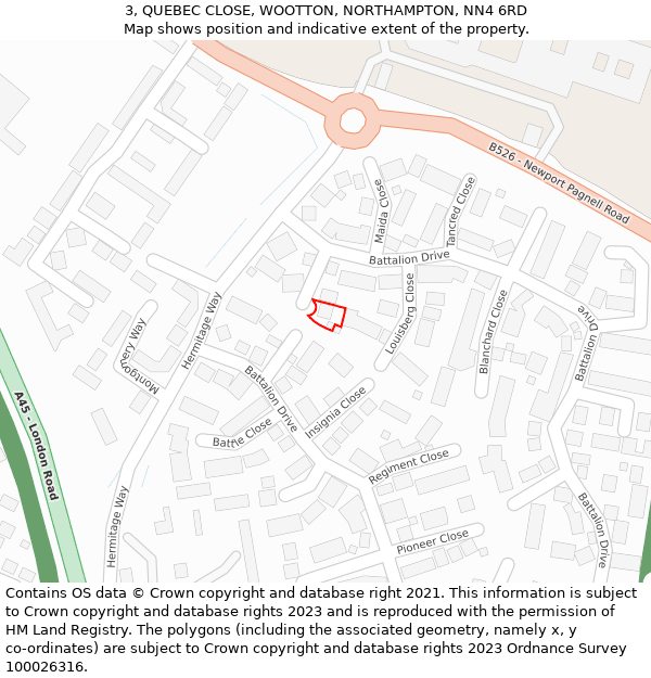 3, QUEBEC CLOSE, WOOTTON, NORTHAMPTON, NN4 6RD: Location map and indicative extent of plot