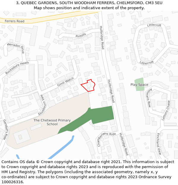 3, QUEBEC GARDENS, SOUTH WOODHAM FERRERS, CHELMSFORD, CM3 5EU: Location map and indicative extent of plot