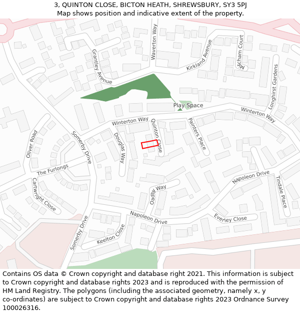 3, QUINTON CLOSE, BICTON HEATH, SHREWSBURY, SY3 5PJ: Location map and indicative extent of plot