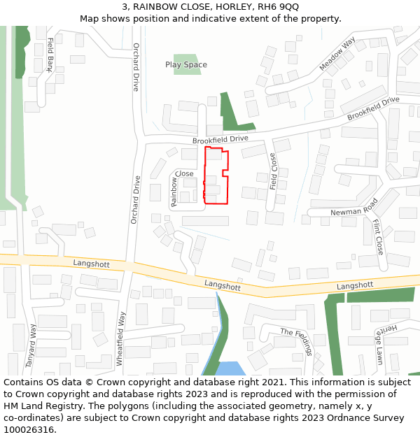 3, RAINBOW CLOSE, HORLEY, RH6 9QQ: Location map and indicative extent of plot