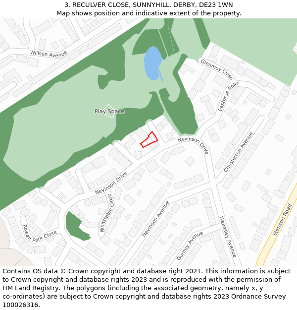 3, RECULVER CLOSE, SUNNYHILL, DERBY, DE23 1WN: Location map and indicative extent of plot
