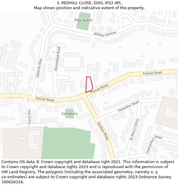 3, REDHILL CLOSE, DISS, IP22 4PL: Location map and indicative extent of plot