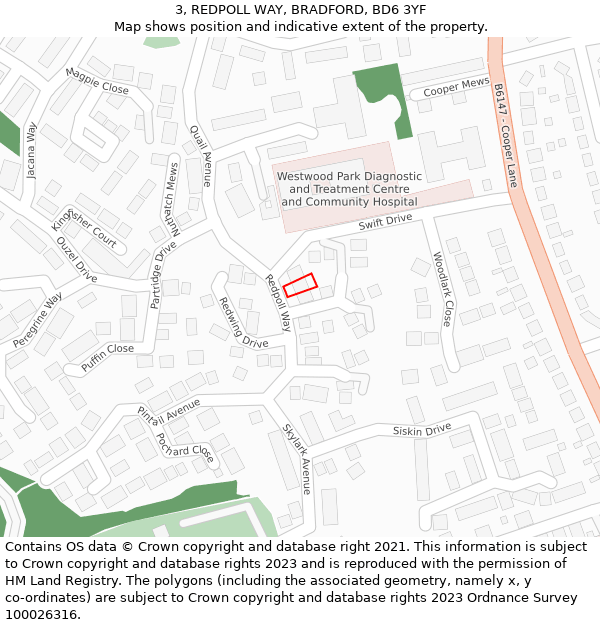 3, REDPOLL WAY, BRADFORD, BD6 3YF: Location map and indicative extent of plot