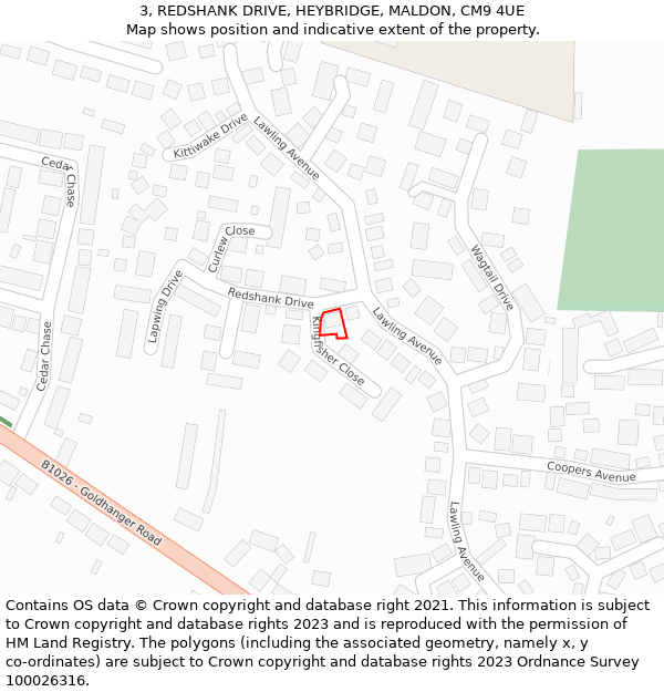 3, REDSHANK DRIVE, HEYBRIDGE, MALDON, CM9 4UE: Location map and indicative extent of plot