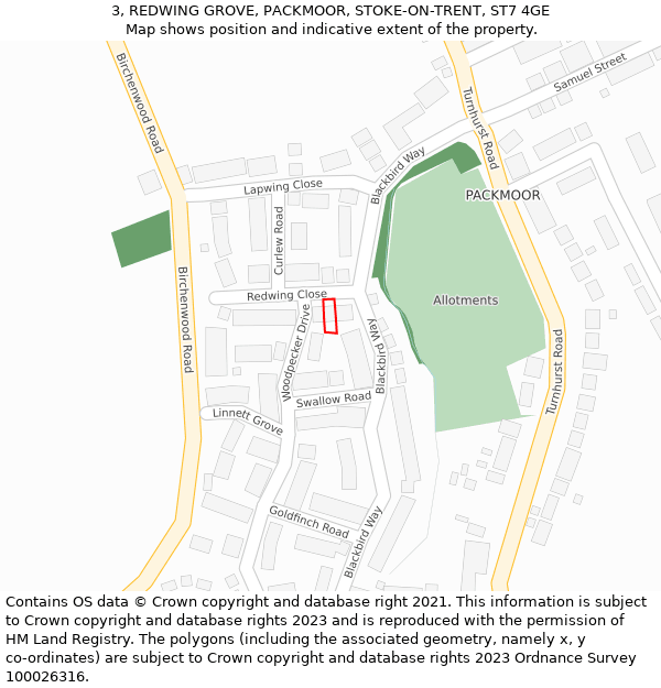 3, REDWING GROVE, PACKMOOR, STOKE-ON-TRENT, ST7 4GE: Location map and indicative extent of plot