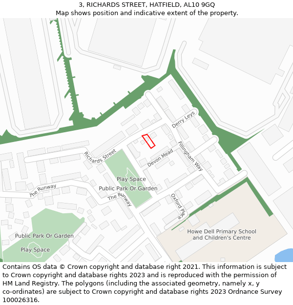 3, RICHARDS STREET, HATFIELD, AL10 9GQ: Location map and indicative extent of plot