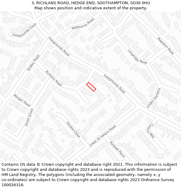 3, RICHLANS ROAD, HEDGE END, SOUTHAMPTON, SO30 0HU: Location map and indicative extent of plot