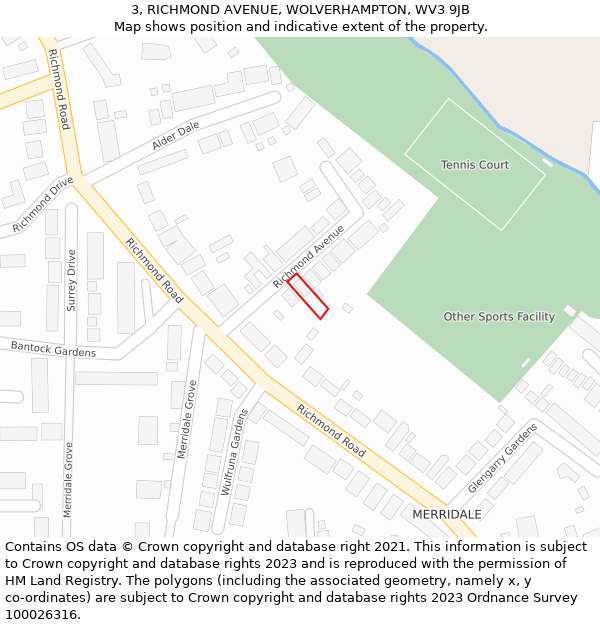 3, RICHMOND AVENUE, WOLVERHAMPTON, WV3 9JB: Location map and indicative extent of plot