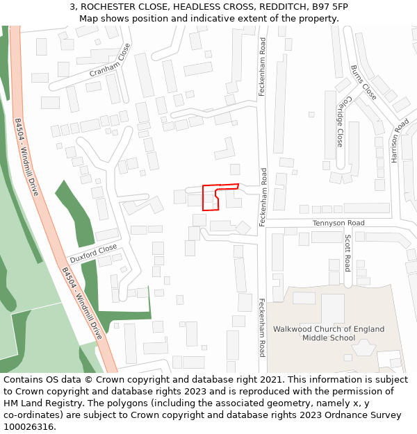 3, ROCHESTER CLOSE, HEADLESS CROSS, REDDITCH, B97 5FP: Location map and indicative extent of plot