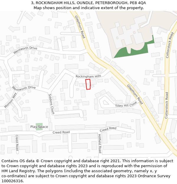 3, ROCKINGHAM HILLS, OUNDLE, PETERBOROUGH, PE8 4QA: Location map and indicative extent of plot