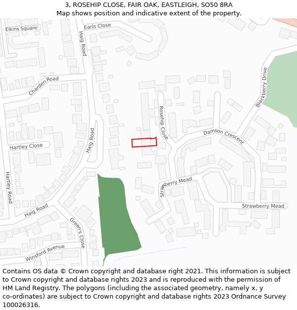 3, ROSEHIP CLOSE, FAIR OAK, EASTLEIGH, SO50 8RA: Location map and indicative extent of plot