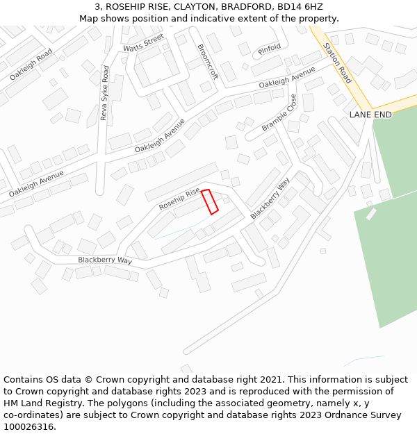 3, ROSEHIP RISE, CLAYTON, BRADFORD, BD14 6HZ: Location map and indicative extent of plot