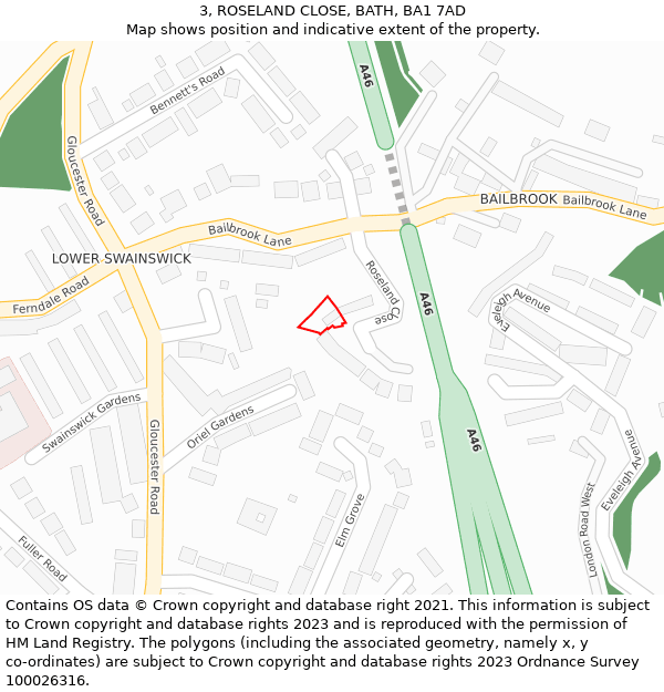 3, ROSELAND CLOSE, BATH, BA1 7AD: Location map and indicative extent of plot