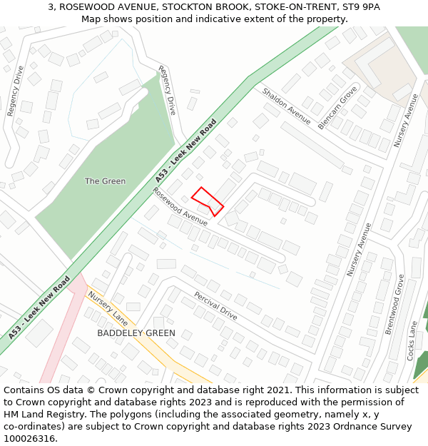 3, ROSEWOOD AVENUE, STOCKTON BROOK, STOKE-ON-TRENT, ST9 9PA: Location map and indicative extent of plot