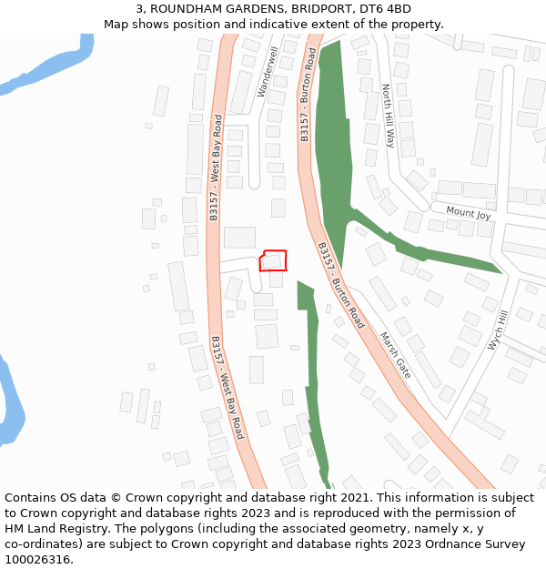 3, ROUNDHAM GARDENS, BRIDPORT, DT6 4BD: Location map and indicative extent of plot