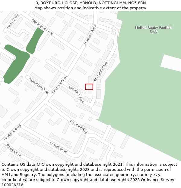 3, ROXBURGH CLOSE, ARNOLD, NOTTINGHAM, NG5 8RN: Location map and indicative extent of plot