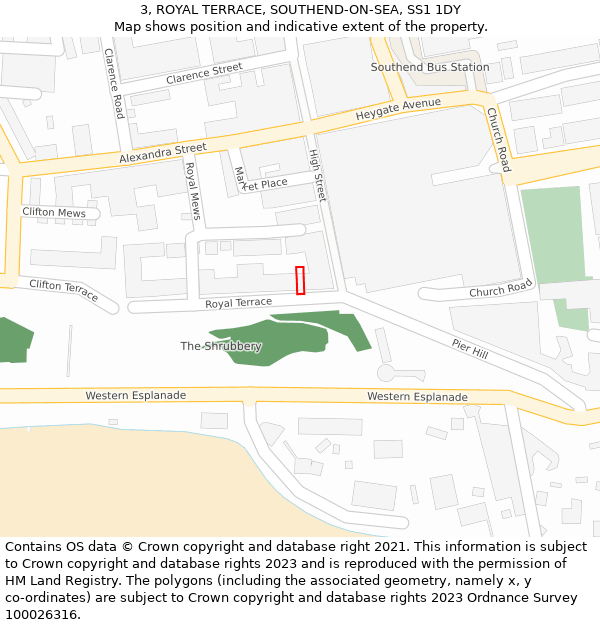 3, ROYAL TERRACE, SOUTHEND-ON-SEA, SS1 1DY: Location map and indicative extent of plot