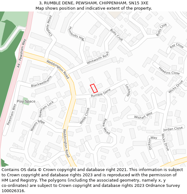 3, RUMBLE DENE, PEWSHAM, CHIPPENHAM, SN15 3XE: Location map and indicative extent of plot