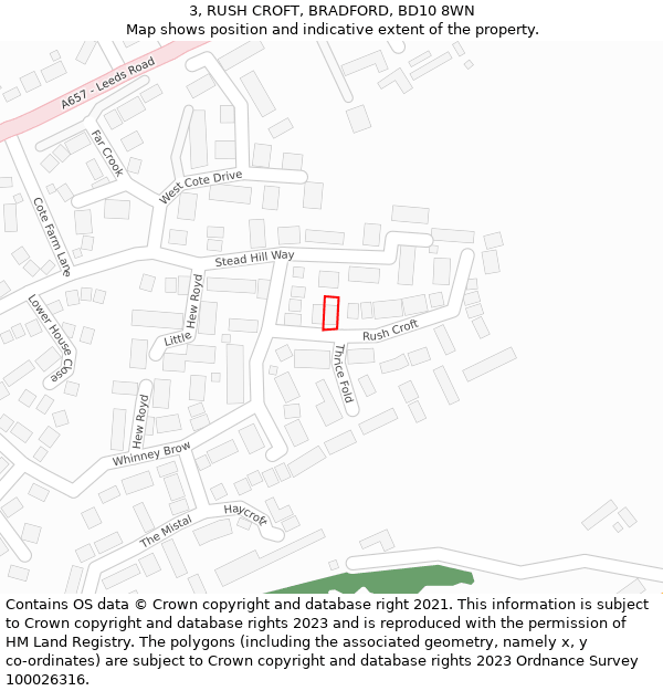 3, RUSH CROFT, BRADFORD, BD10 8WN: Location map and indicative extent of plot