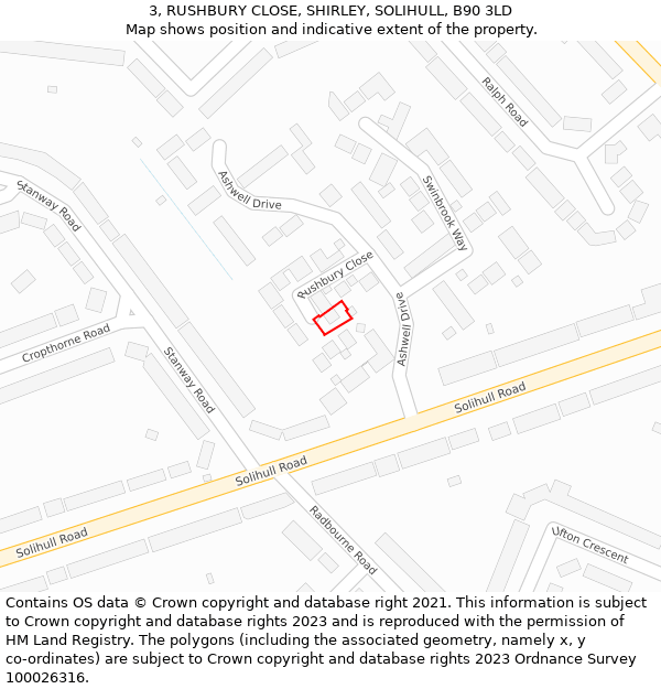 3, RUSHBURY CLOSE, SHIRLEY, SOLIHULL, B90 3LD: Location map and indicative extent of plot