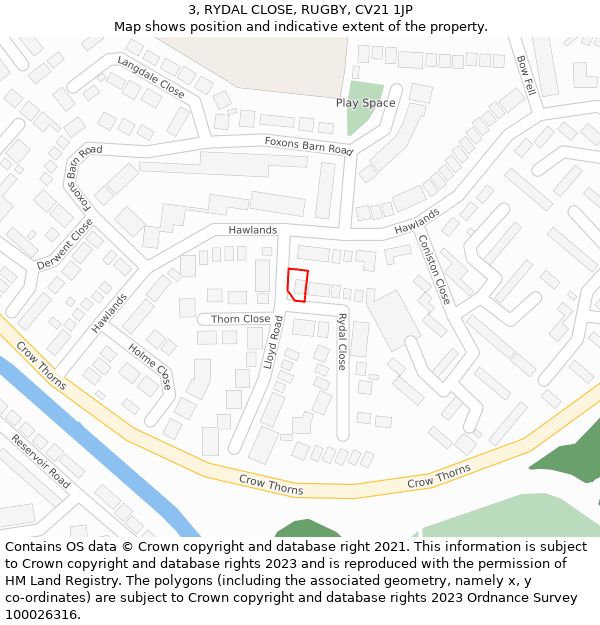 3, RYDAL CLOSE, RUGBY, CV21 1JP: Location map and indicative extent of plot