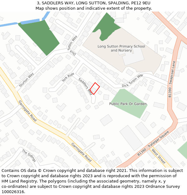 3, SADDLERS WAY, LONG SUTTON, SPALDING, PE12 9EU: Location map and indicative extent of plot