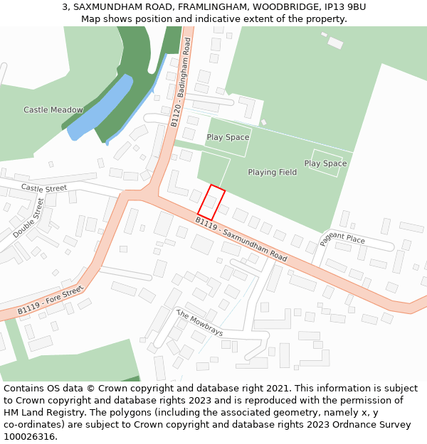 3, SAXMUNDHAM ROAD, FRAMLINGHAM, WOODBRIDGE, IP13 9BU: Location map and indicative extent of plot