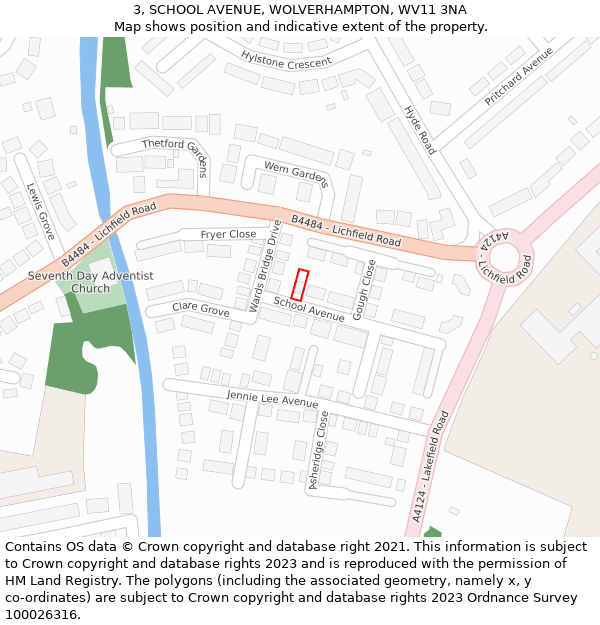 3, SCHOOL AVENUE, WOLVERHAMPTON, WV11 3NA: Location map and indicative extent of plot