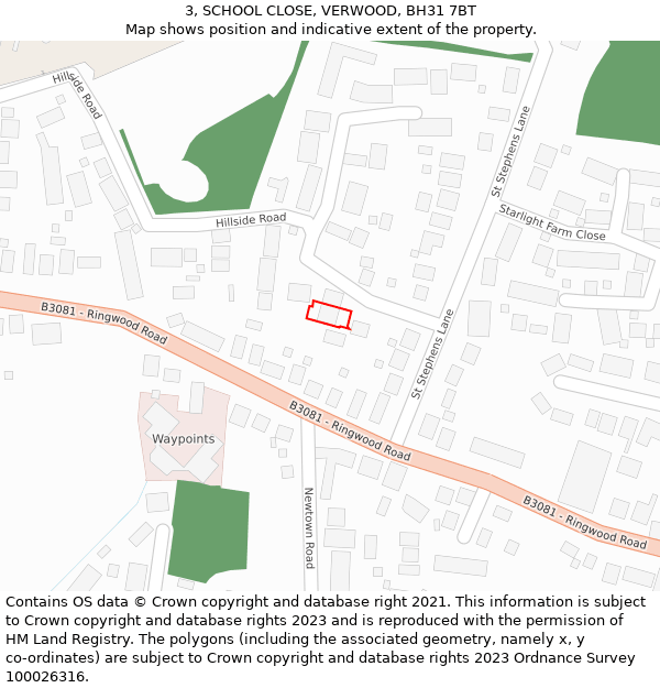 3, SCHOOL CLOSE, VERWOOD, BH31 7BT: Location map and indicative extent of plot