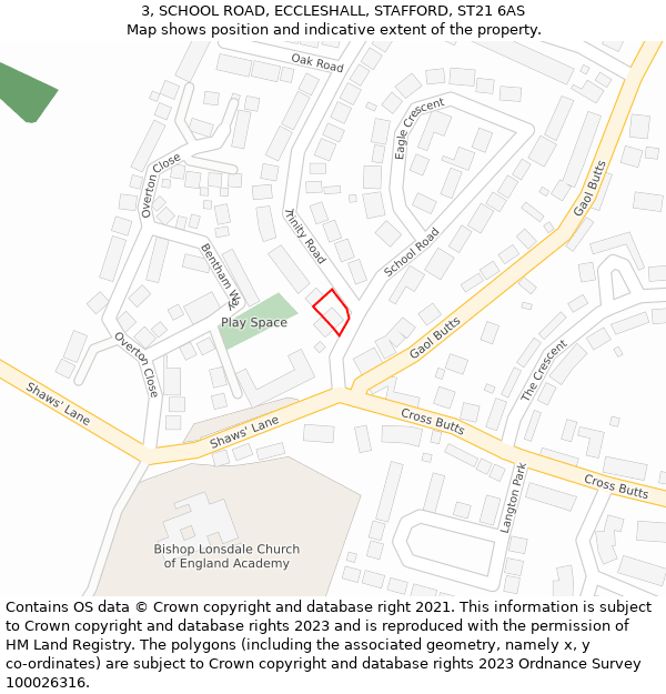 3, SCHOOL ROAD, ECCLESHALL, STAFFORD, ST21 6AS: Location map and indicative extent of plot