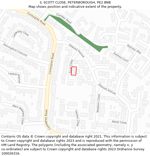 3, SCOTT CLOSE, PETERBOROUGH, PE2 8NB: Location map and indicative extent of plot