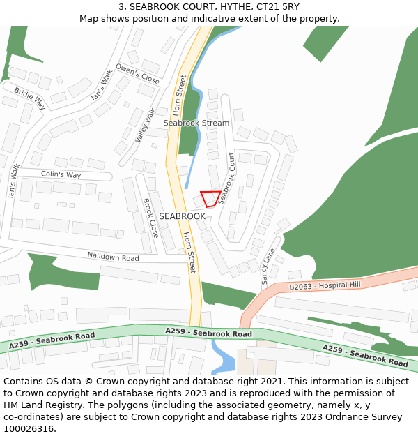 3, SEABROOK COURT, HYTHE, CT21 5RY: Location map and indicative extent of plot