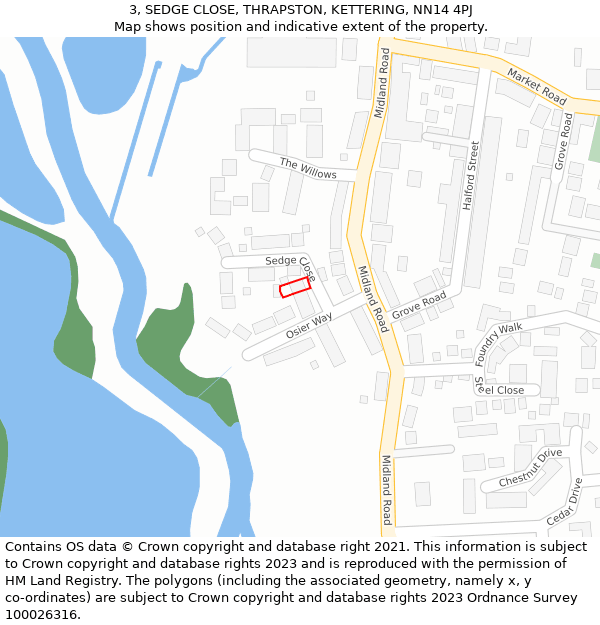 3, SEDGE CLOSE, THRAPSTON, KETTERING, NN14 4PJ: Location map and indicative extent of plot