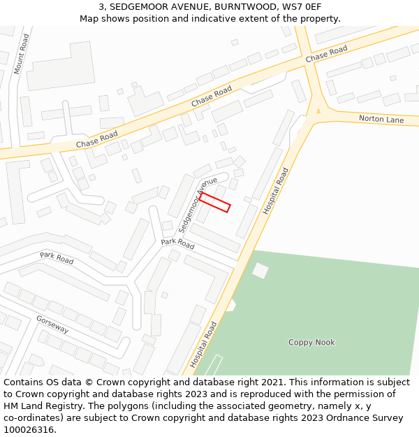 3, SEDGEMOOR AVENUE, BURNTWOOD, WS7 0EF: Location map and indicative extent of plot
