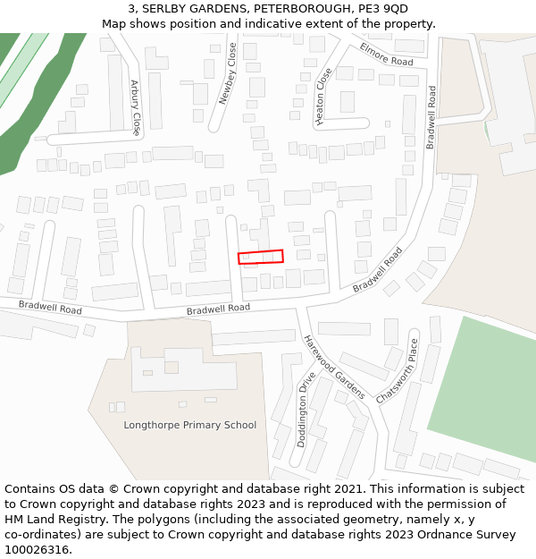 3, SERLBY GARDENS, PETERBOROUGH, PE3 9QD: Location map and indicative extent of plot